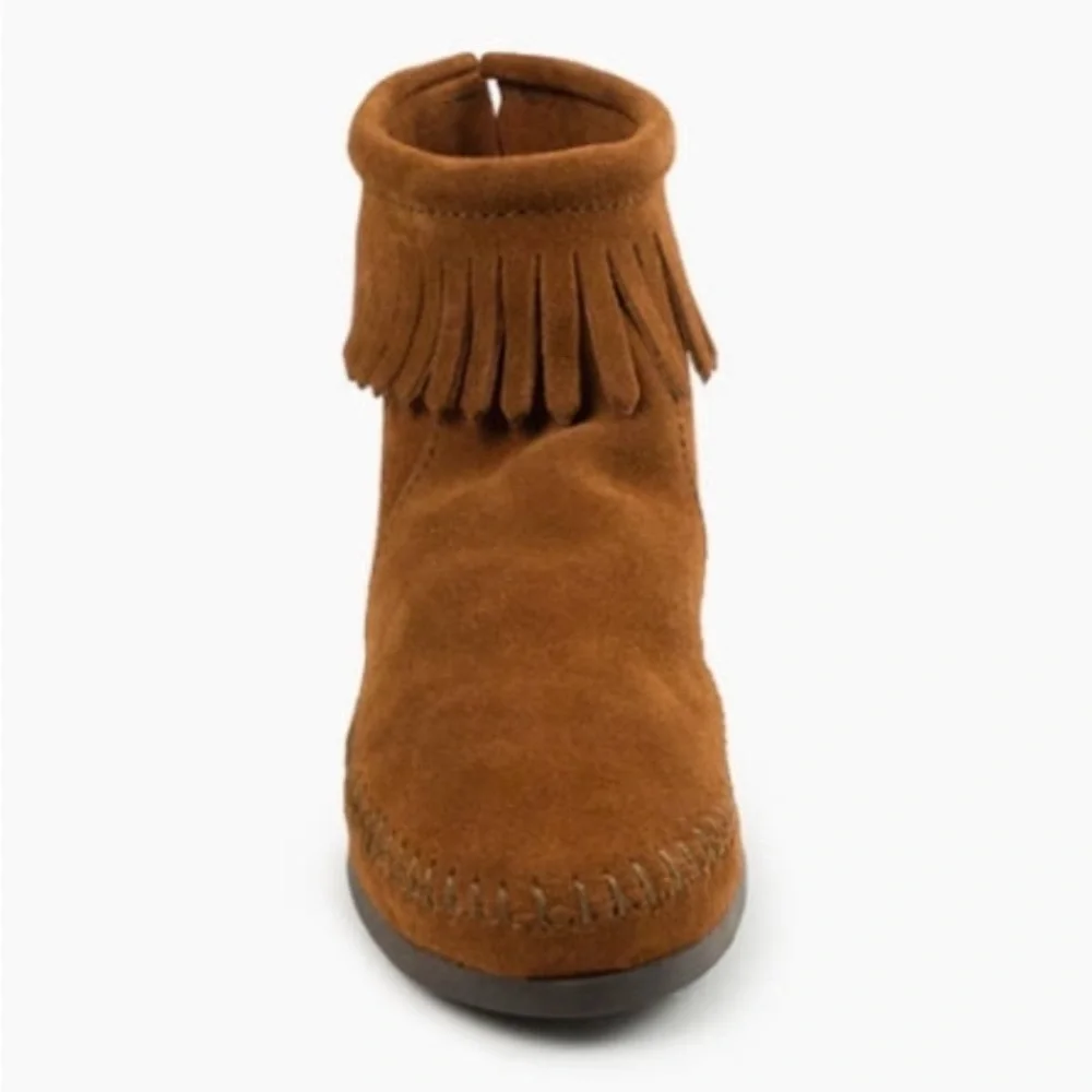 MINNETONKA Back Zip Hardsole Boot in Brown Suede